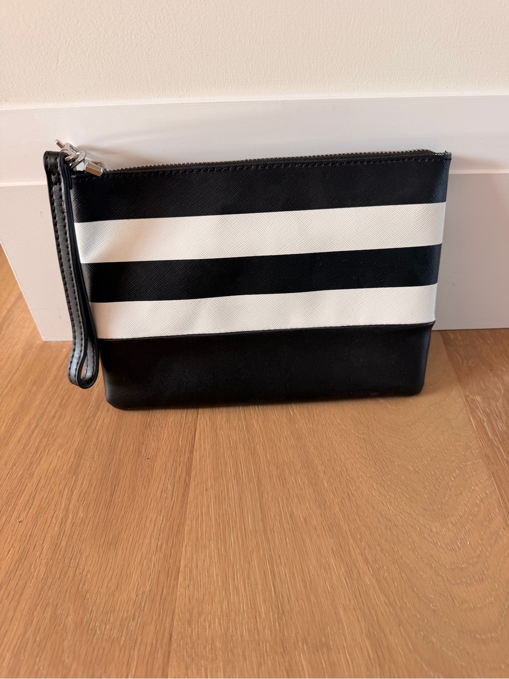 Danier Black and White Striped Zip Clutch - Genuine Leather